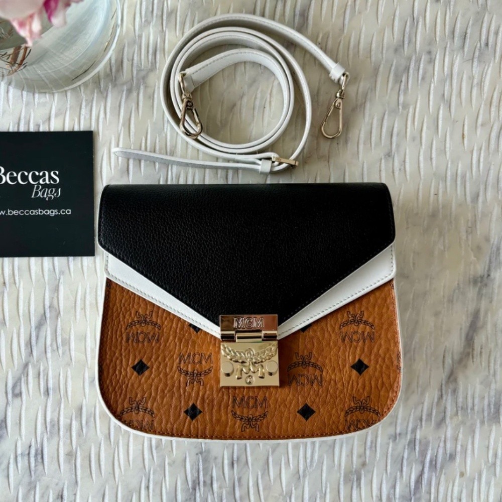 Authentic MCM Visetos Calfskin Small Patricia Crossbody Bag Cognac White Black